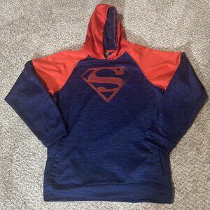 Superman Hoodie Boys XL Blue Red Pullover Fleece Sweatshirt Logo Raglan DC